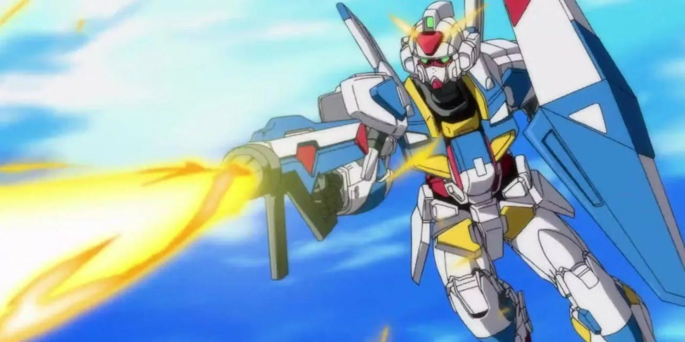 The Beginning Gundam shoots its Beam rifle.