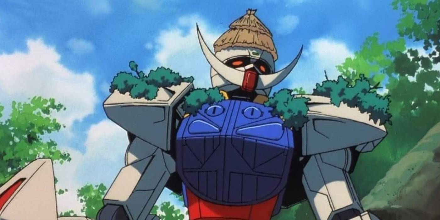 Bir Gundam Turn Mecha kafasında bir saman kulübesi giyiyor.