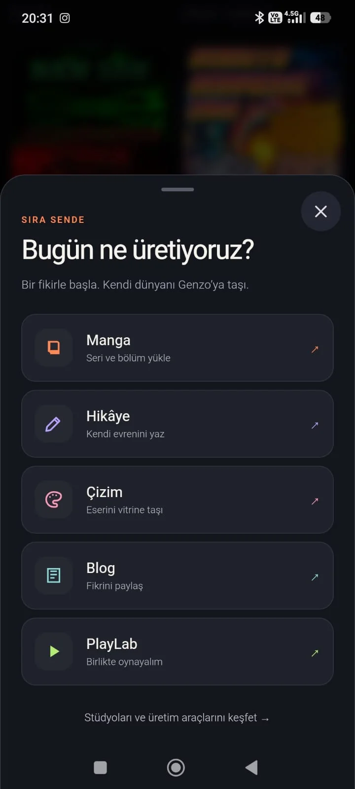 Uygulamada içerik üretme seçenekleri