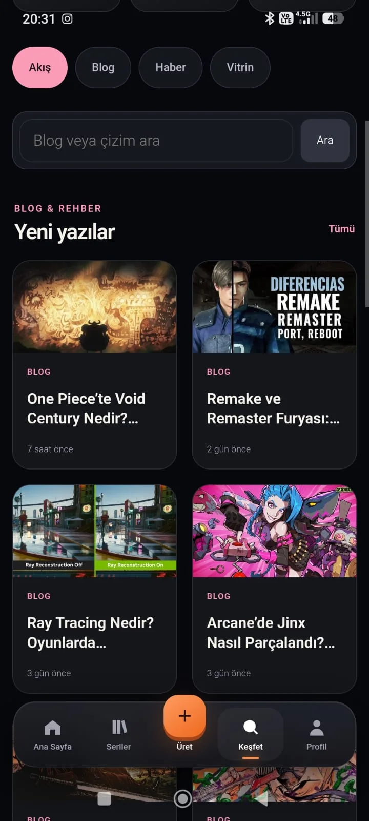 Genzo uygulamasında blog ve haber akışı