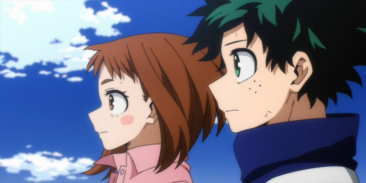 Kahraman Academia: Deku ve Ochaco, ikisi de rahat kıyafetler giydikleri için şehre bakıyorlar.