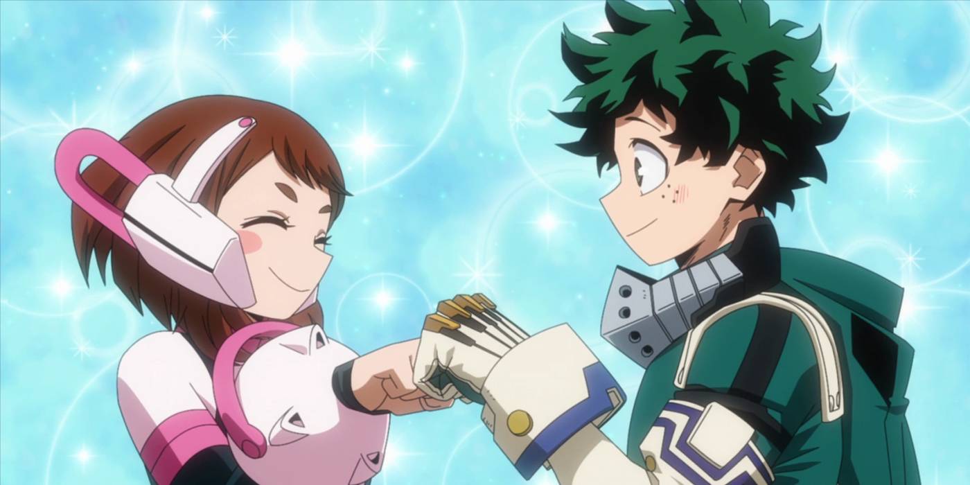 Ochaco ve Deku gülümser ve yumruklarına dokunurlar.